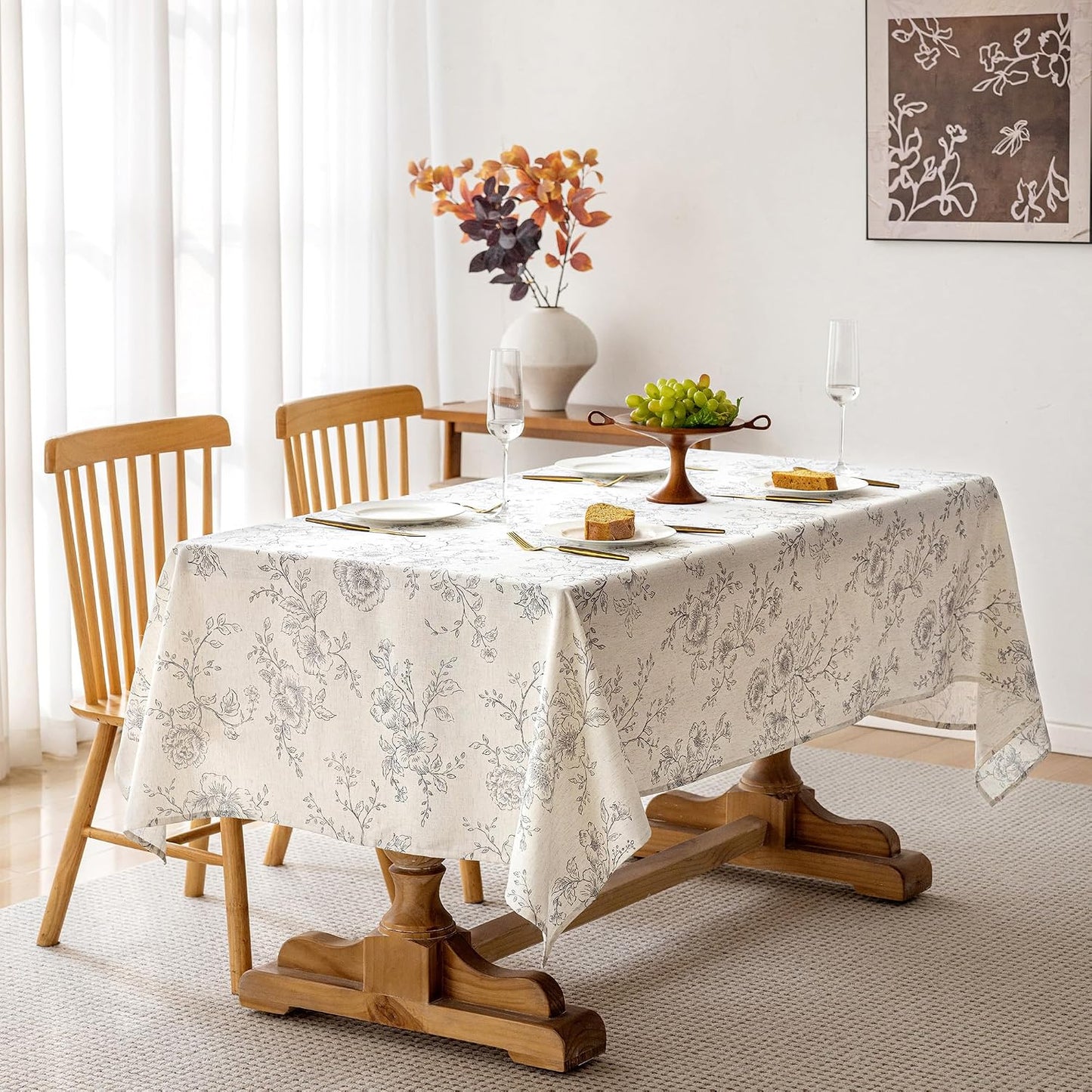 Mantel ovalado lino floral 55x120pulg vintage gris crema