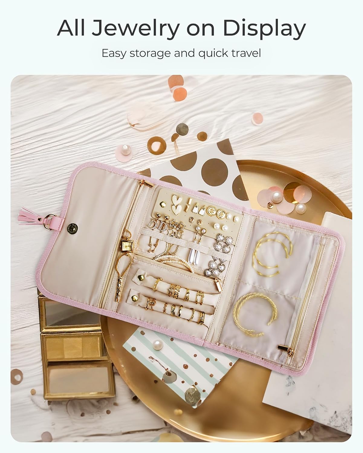 Estuche joyas viaje enrollable plegable rosa