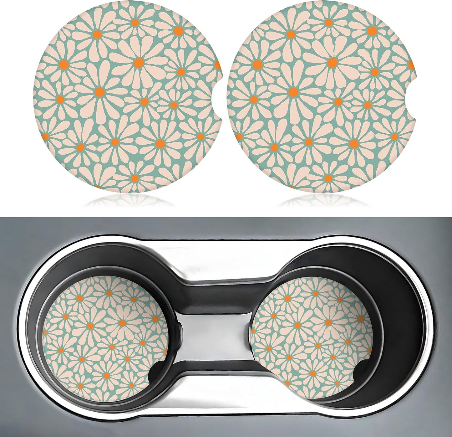 Posavasos florales verdes para auto set 2 cerámica con base corcho
