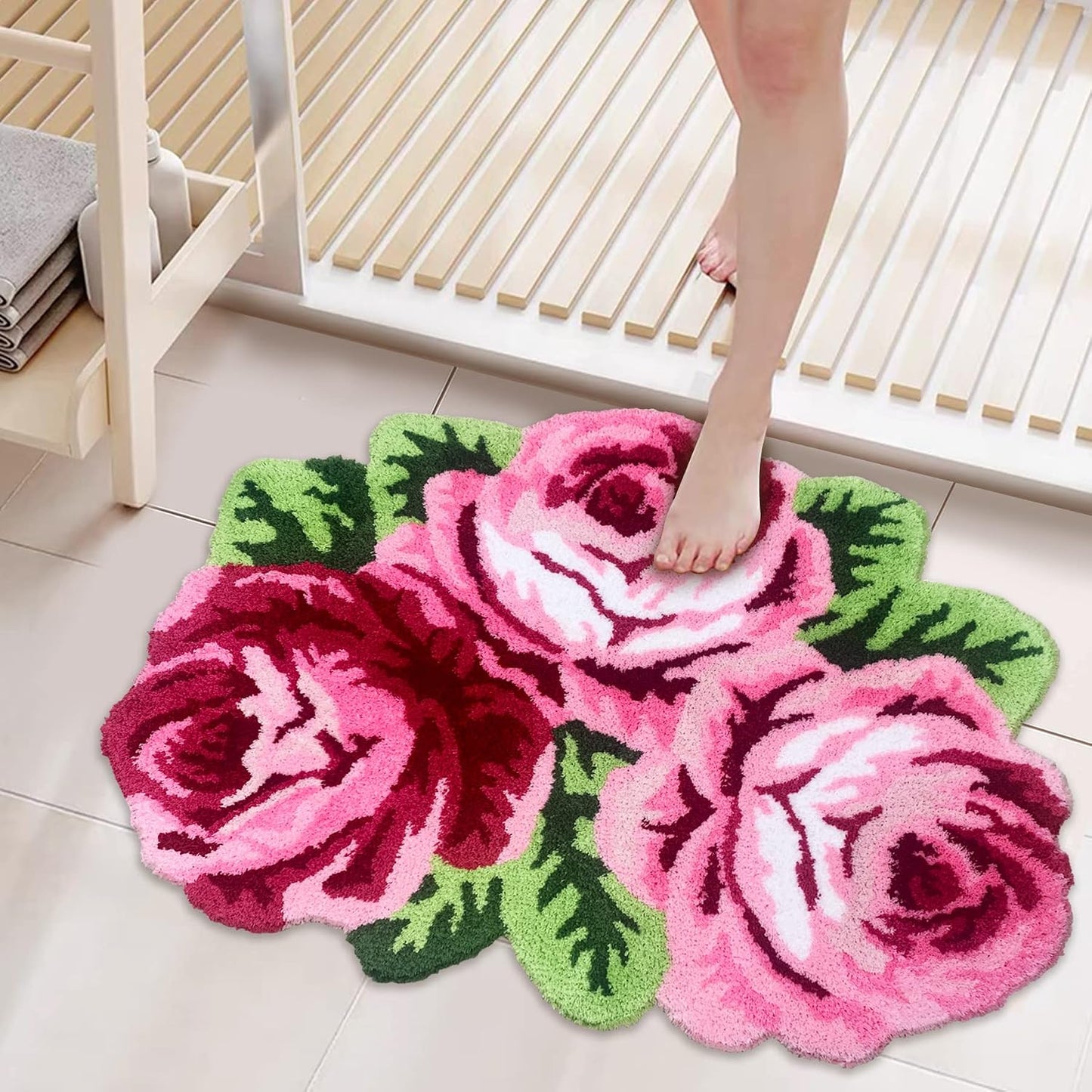 Alfombrilla con 4 rosas azules antiderrap para dormitorio