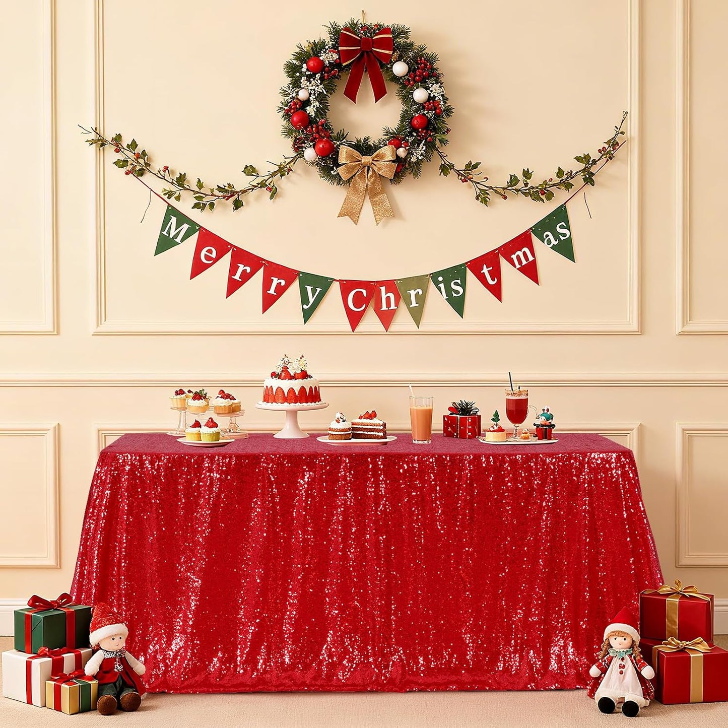 Mantel rectangular lentejuelas rojo 90x156pulg fiestas