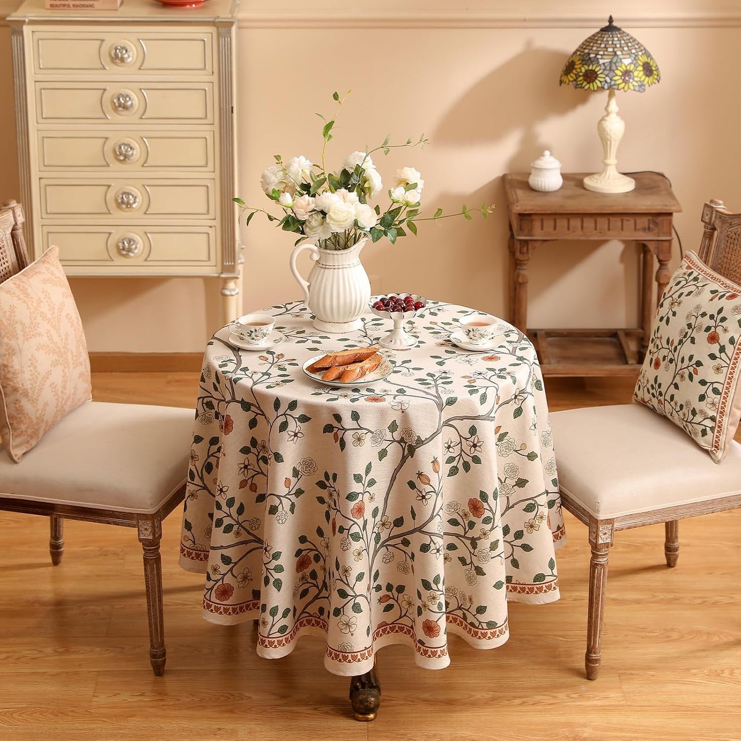Mantel lino francés beige claro redondo resistente arrugas