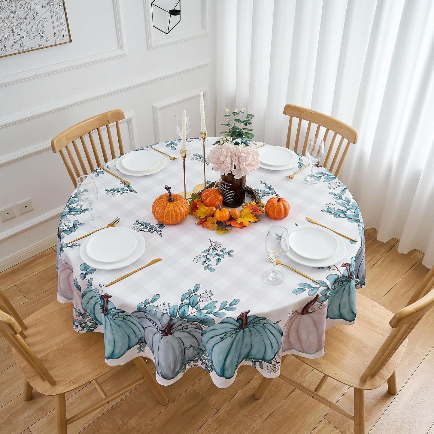 Mantel redondo calabaza azul 60pulg poliéster reutilizable