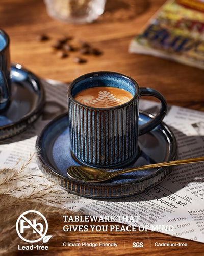 Set 4 Tazas Cerámica Espresso 3oz con Asa y Platillos