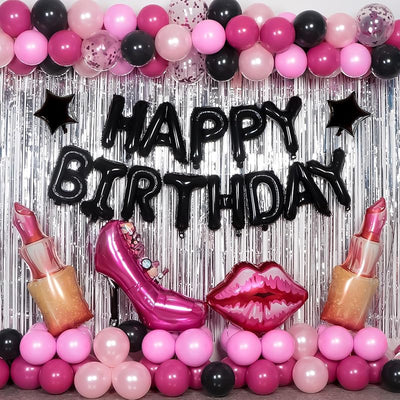 Decoración cumpleaños rosa y negro para mujer y niña