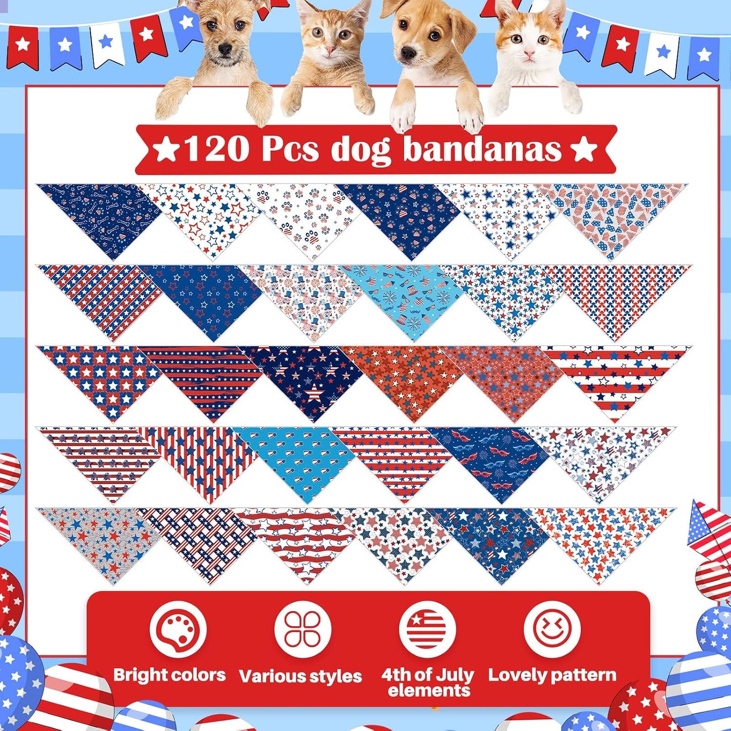 120 Bandanas Patrióticas para Perros 4 de Julio 30 Estilos