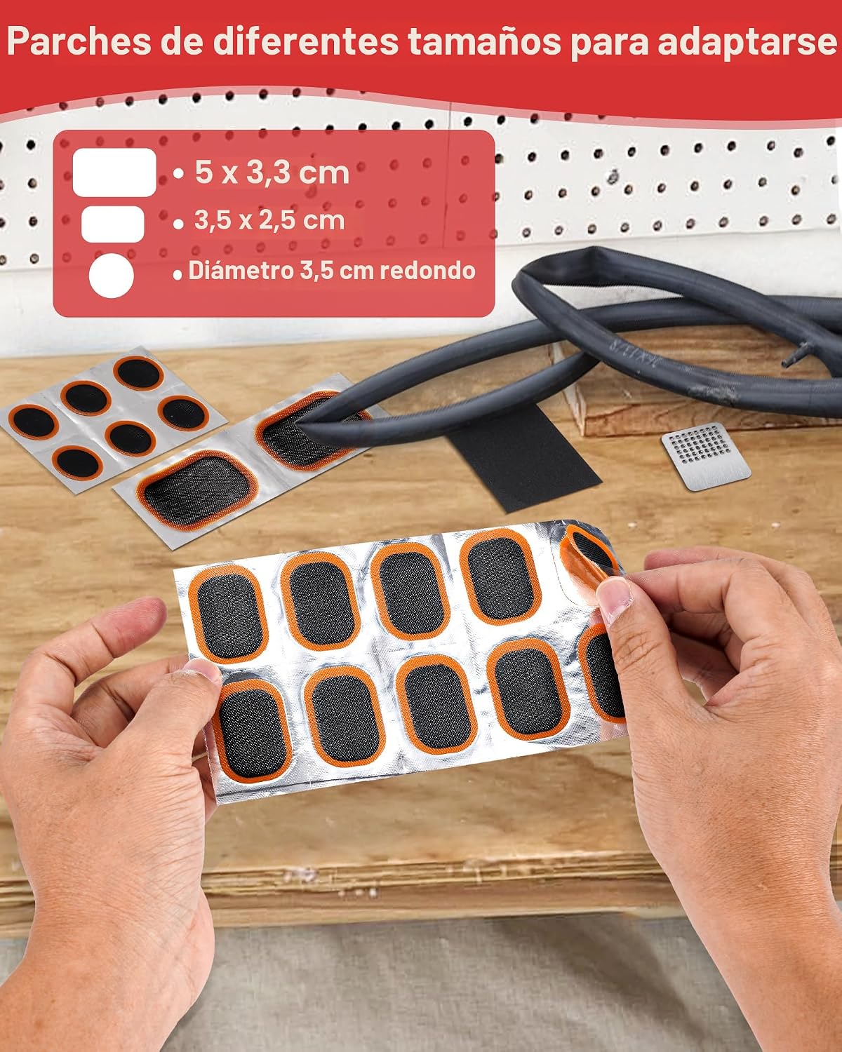 Kit reparación llanta bicicleta 20 parches vulcanizantes manual