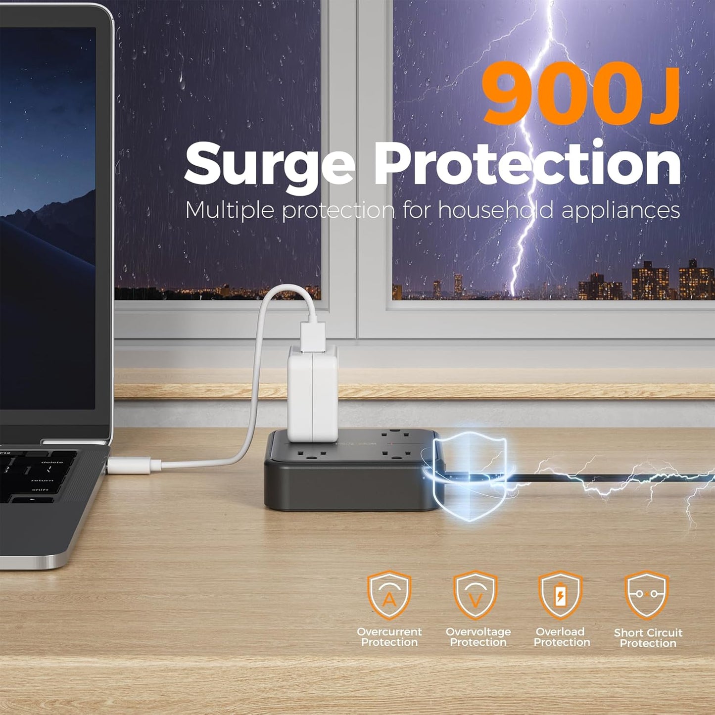 Protector sobretensión cable extensión 15ft 4 tomas 3 puertos USB C