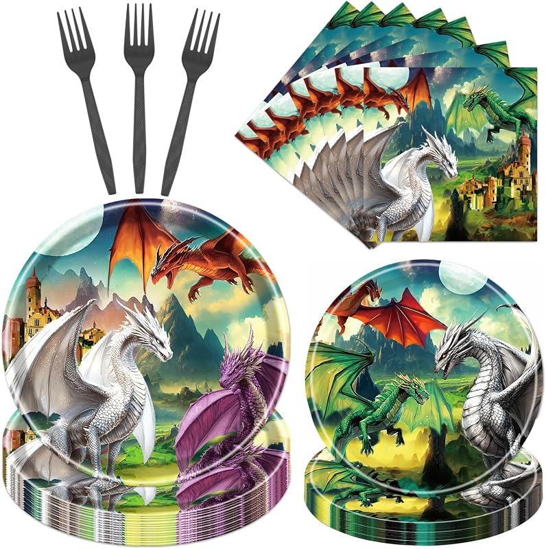 96 Platos Papel Dragón y Servilletas para Cumpleaños