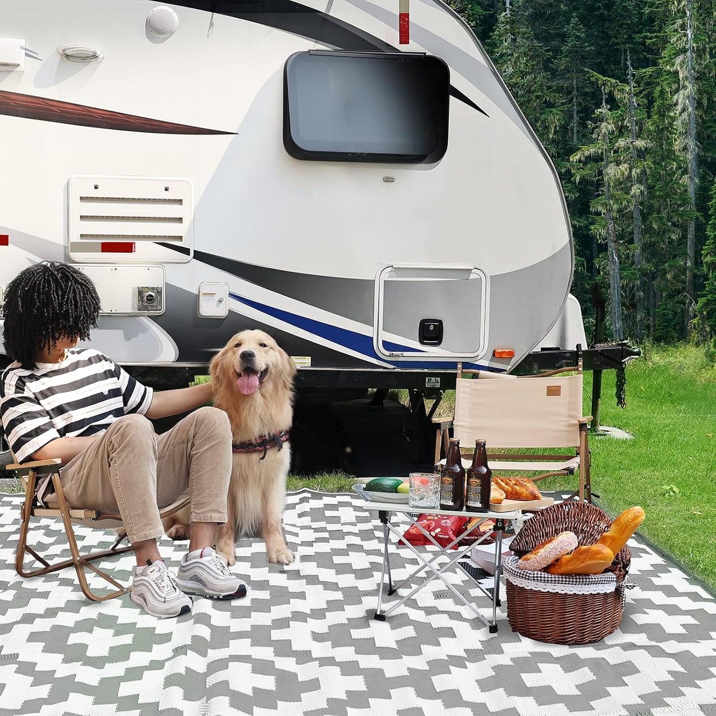 Alfombra reversible patio 9x12ft impermeable gris y blanco