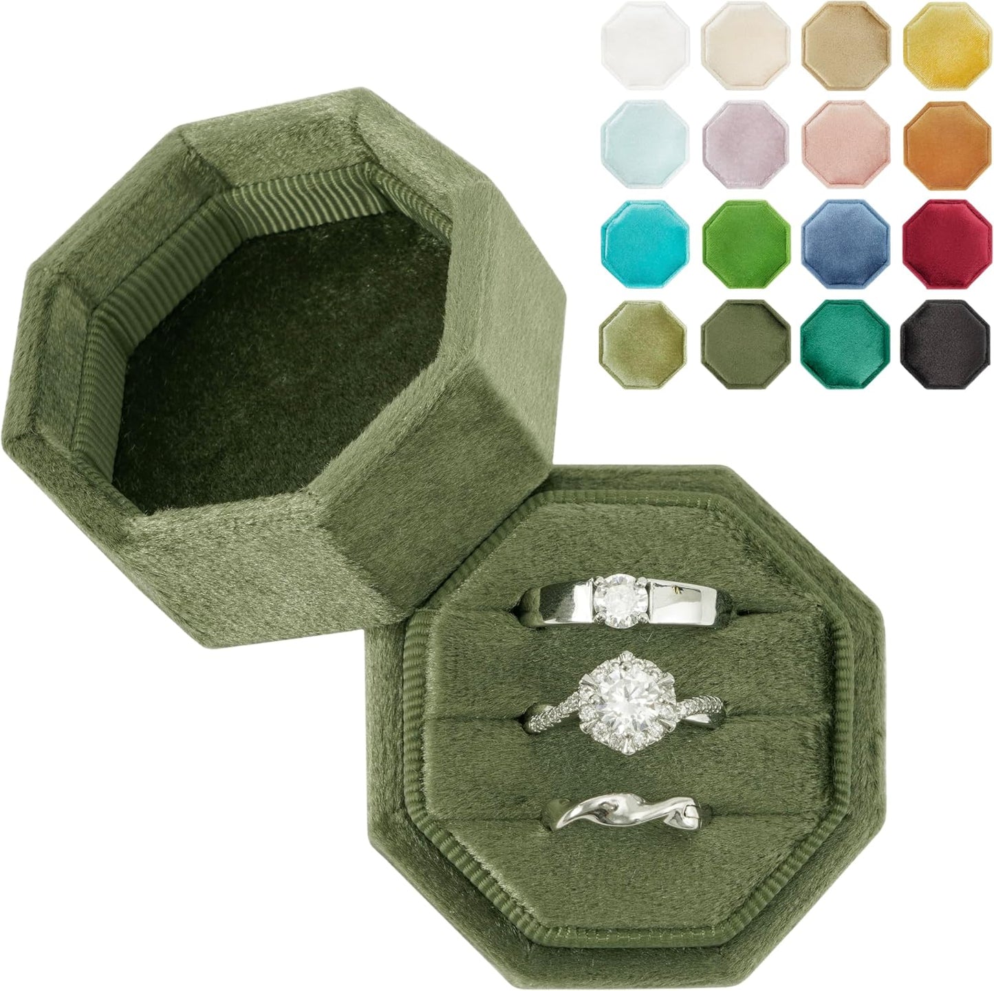 Caja anillos compromiso octogonal 3 ranuras verde musgo