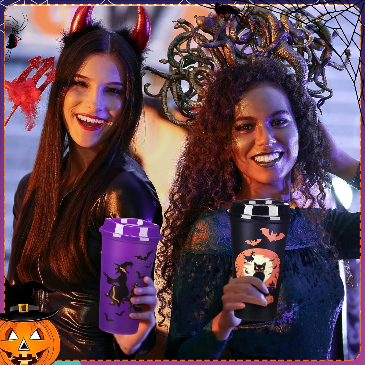 12 Vasos Café Reutilizables 16oz Halloween Bruja Calabaza