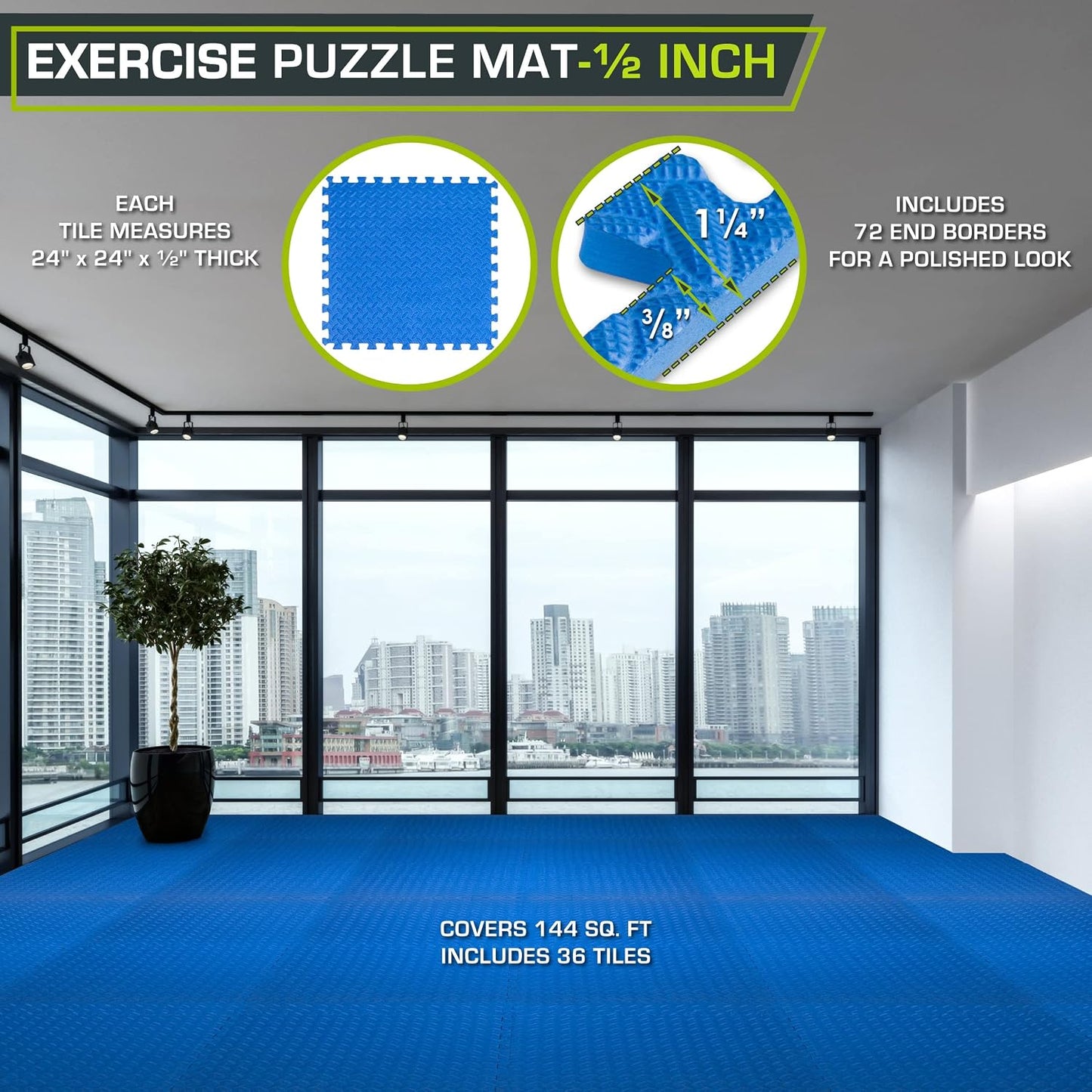 Tapete ejercicio espuma EVA 24x24pulg azul 144ft2
