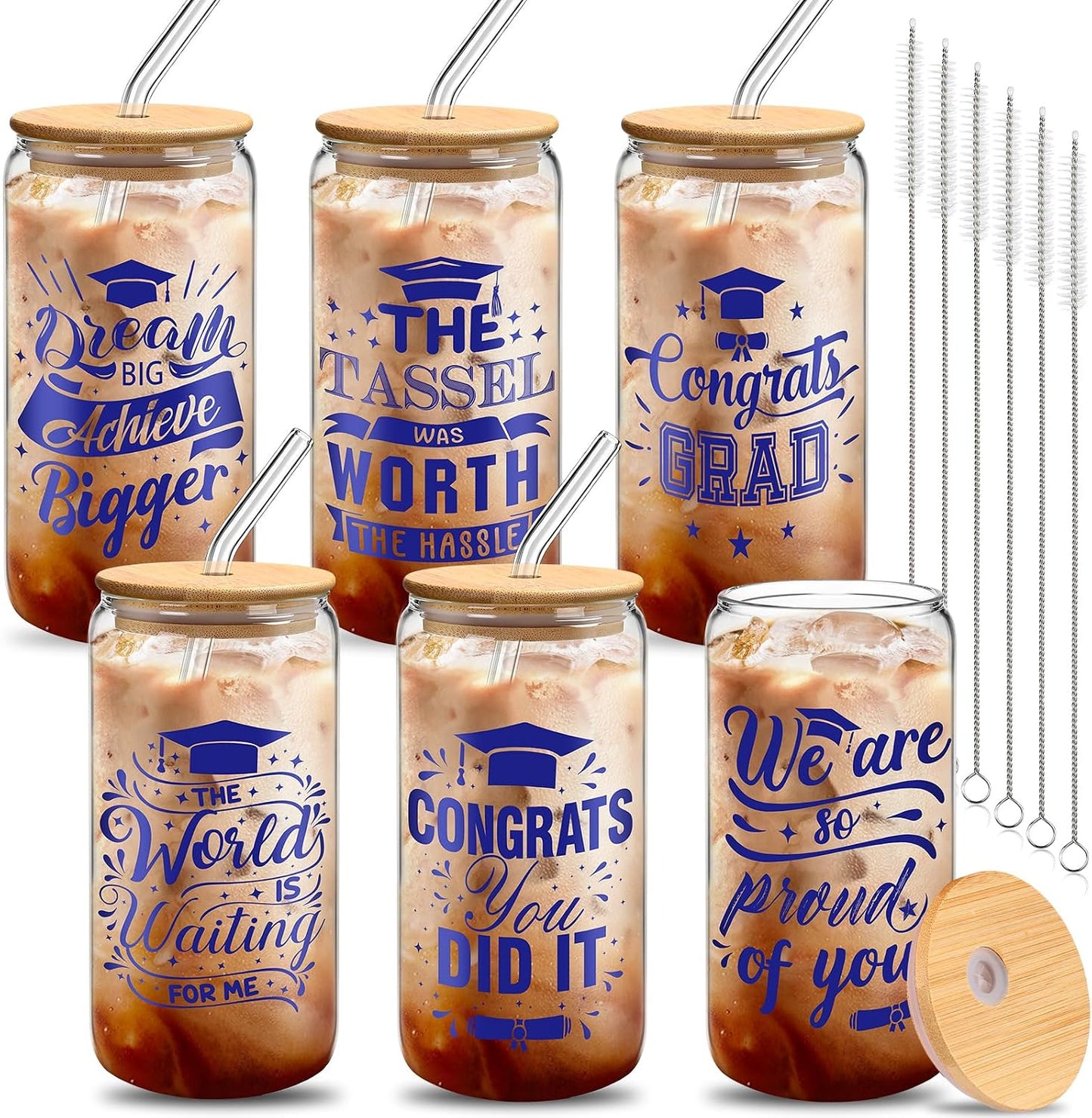 Set 6 vasos vidrio graduado 16oz con tapa popote azul