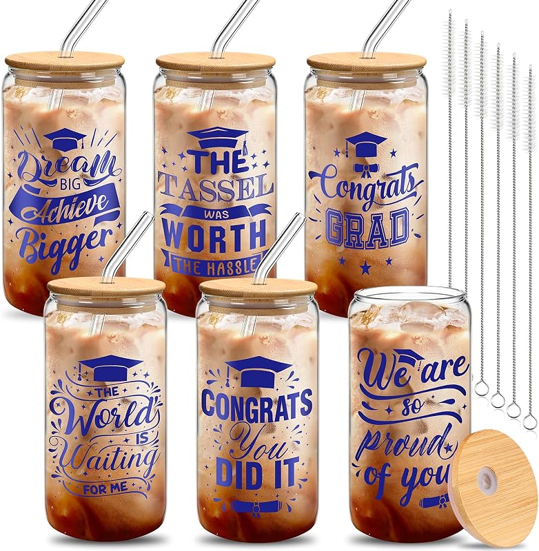 Set 6 vasos vidrio graduado 16oz con tapa popote azul