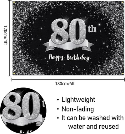 Fondo pancarta feliz cumpleaños 80 6x4ft negro plateado