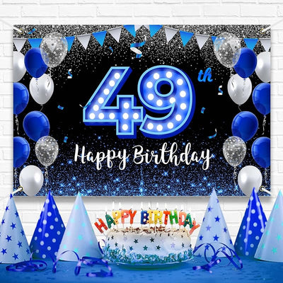 Telón banner cumpleaños 49º azul y negro con luz neón brillante