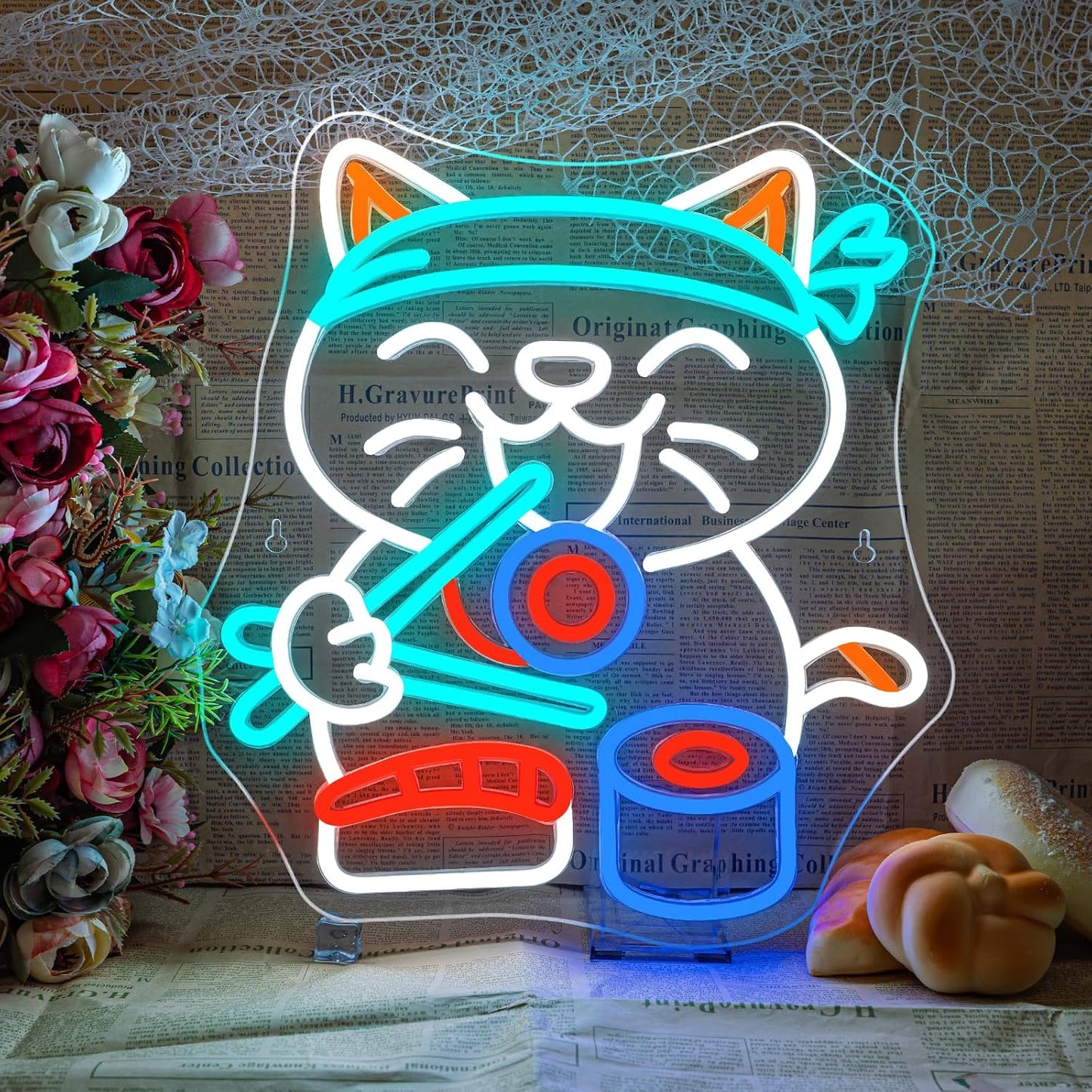 Señal LED de gato sushi comiendo para cocina y fiesta