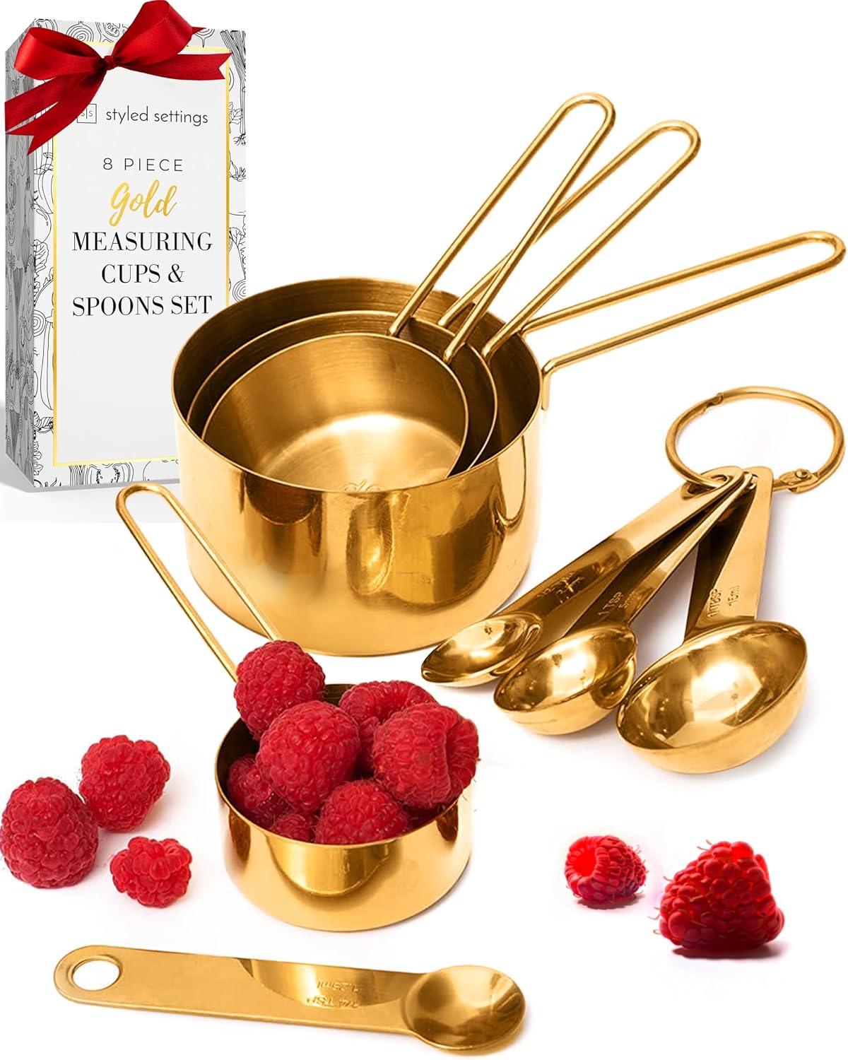 Juego tazas y cucharas medidoras doradas 8 pzas apilables cocina