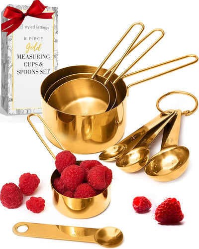 Juego tazas y cucharas medidoras doradas 8 pzas apilables cocina