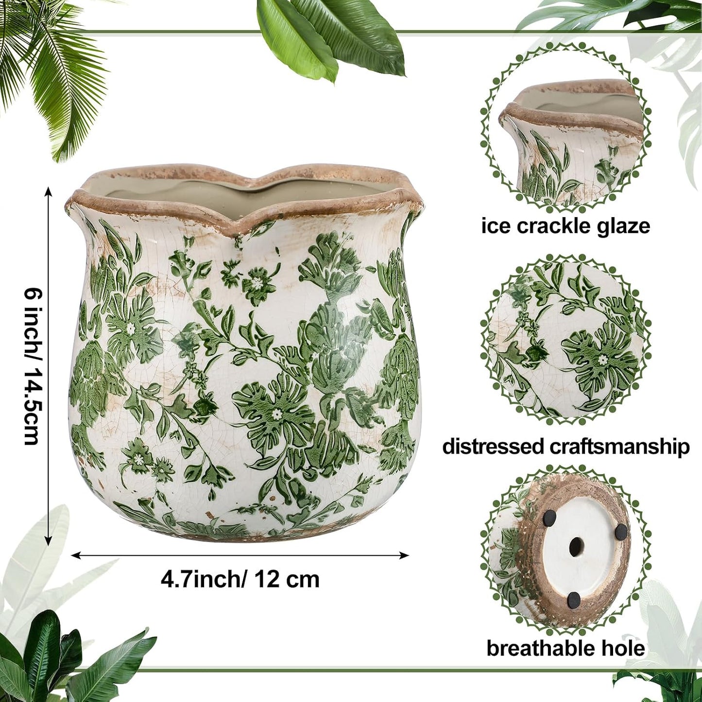 Maceta cerámica 6" verde scroll jardín cocina