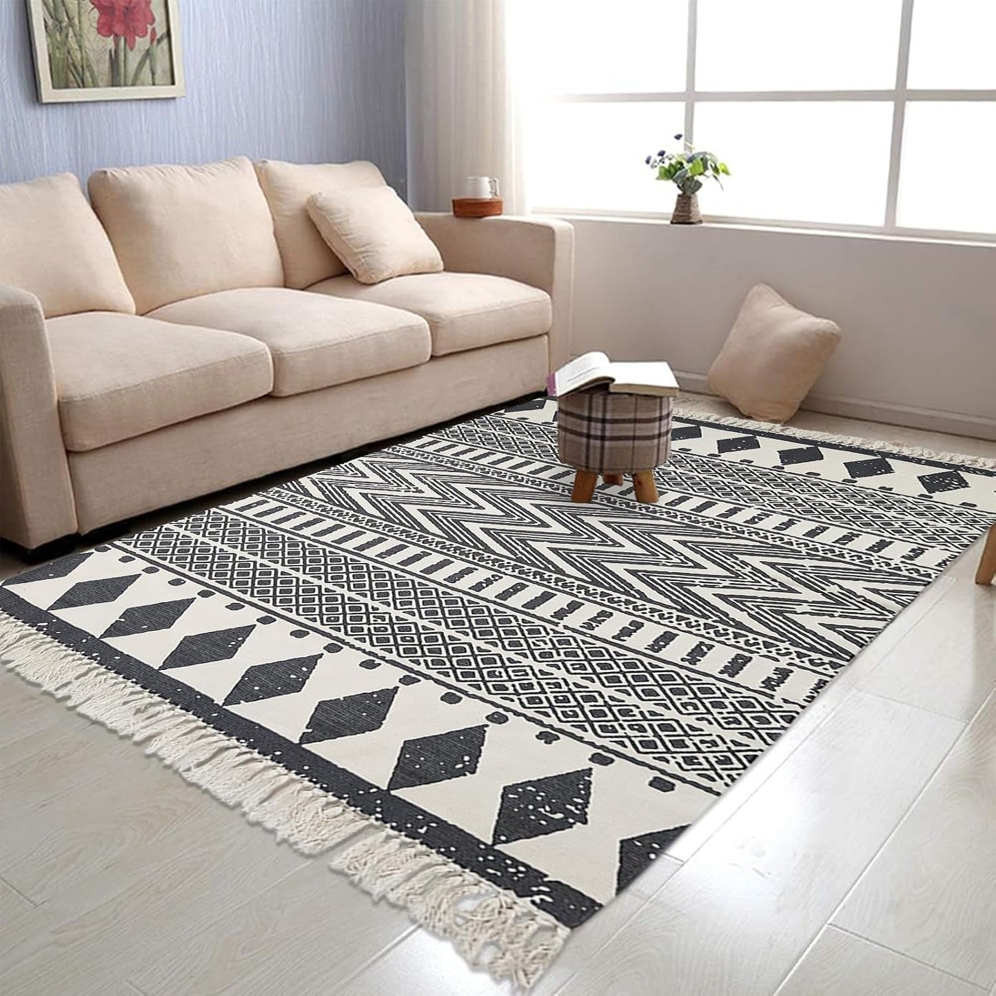 Alfombra algodón negro y crema borla estilo farmhouse