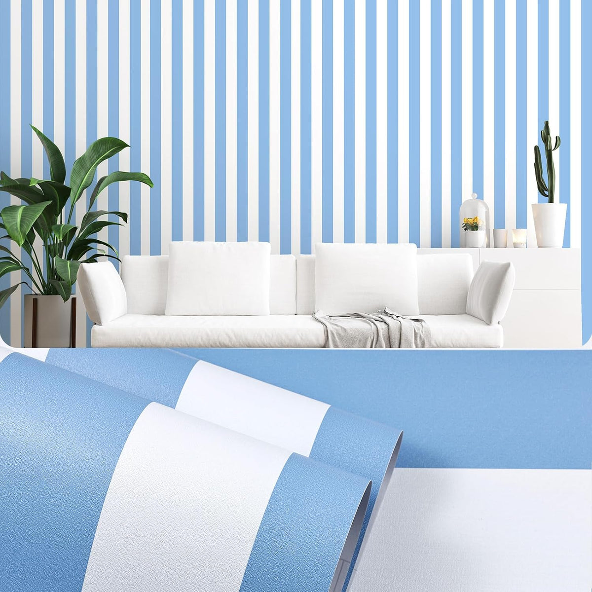 Papel tapiz rayas azul y blanco 17.3x400pulg autoadhesivo vinilo