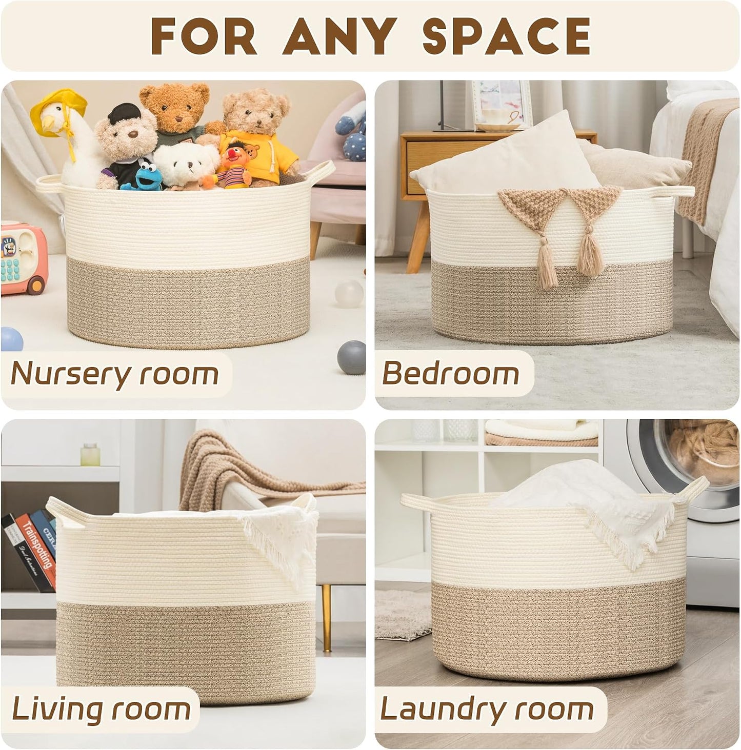 Cesta tejida algodón XXXL 21.7x13.8pulg 90L para manta sala
