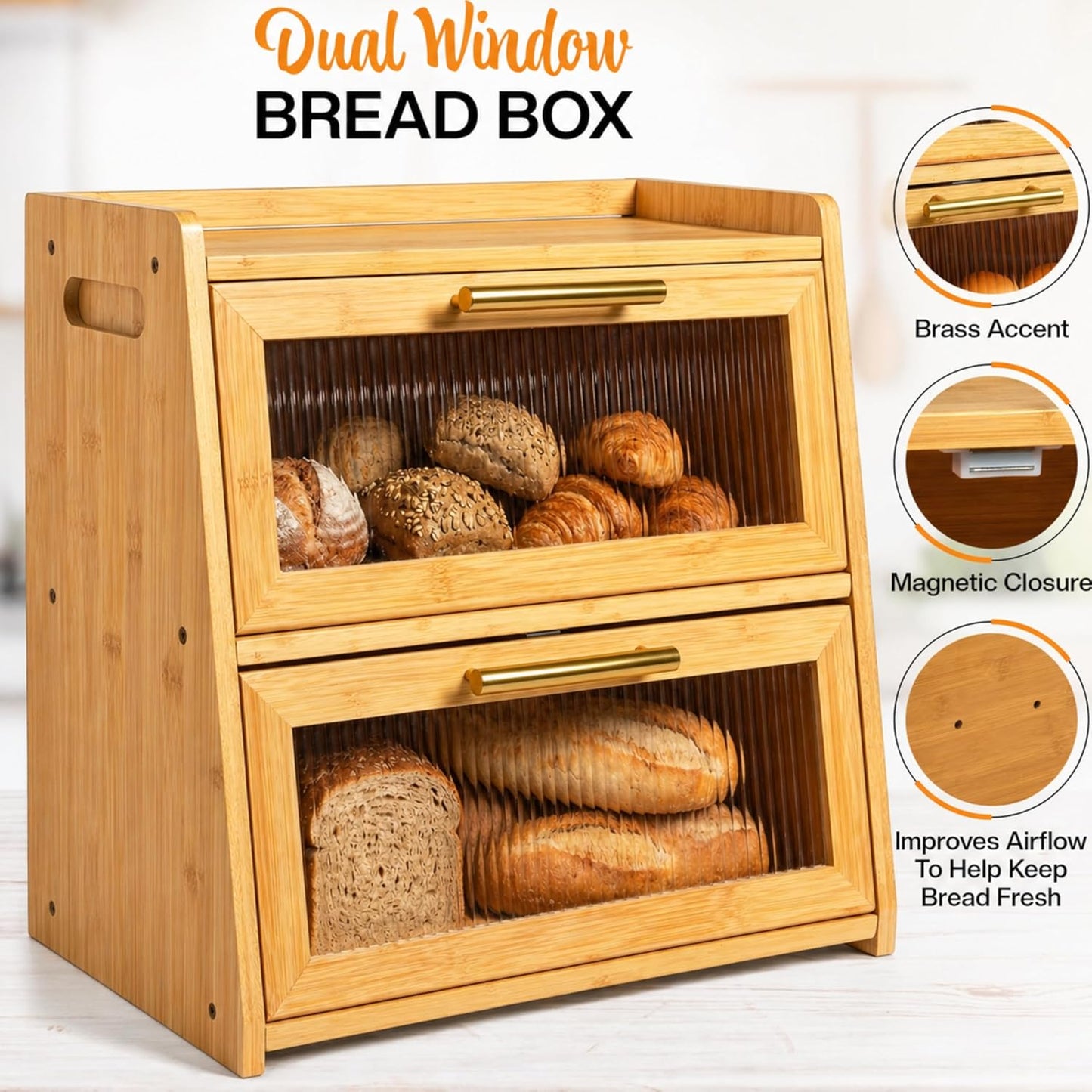 Caja pan bambú encimera cocina doble capa duradera
