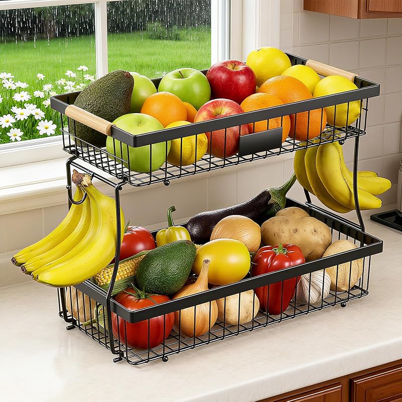 Cesta frutas 2 niveles encimera cocina con colgadores y asa