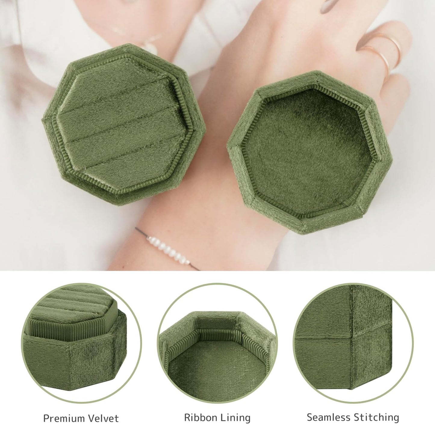 Caja anillos compromiso octogonal 3 ranuras verde musgo