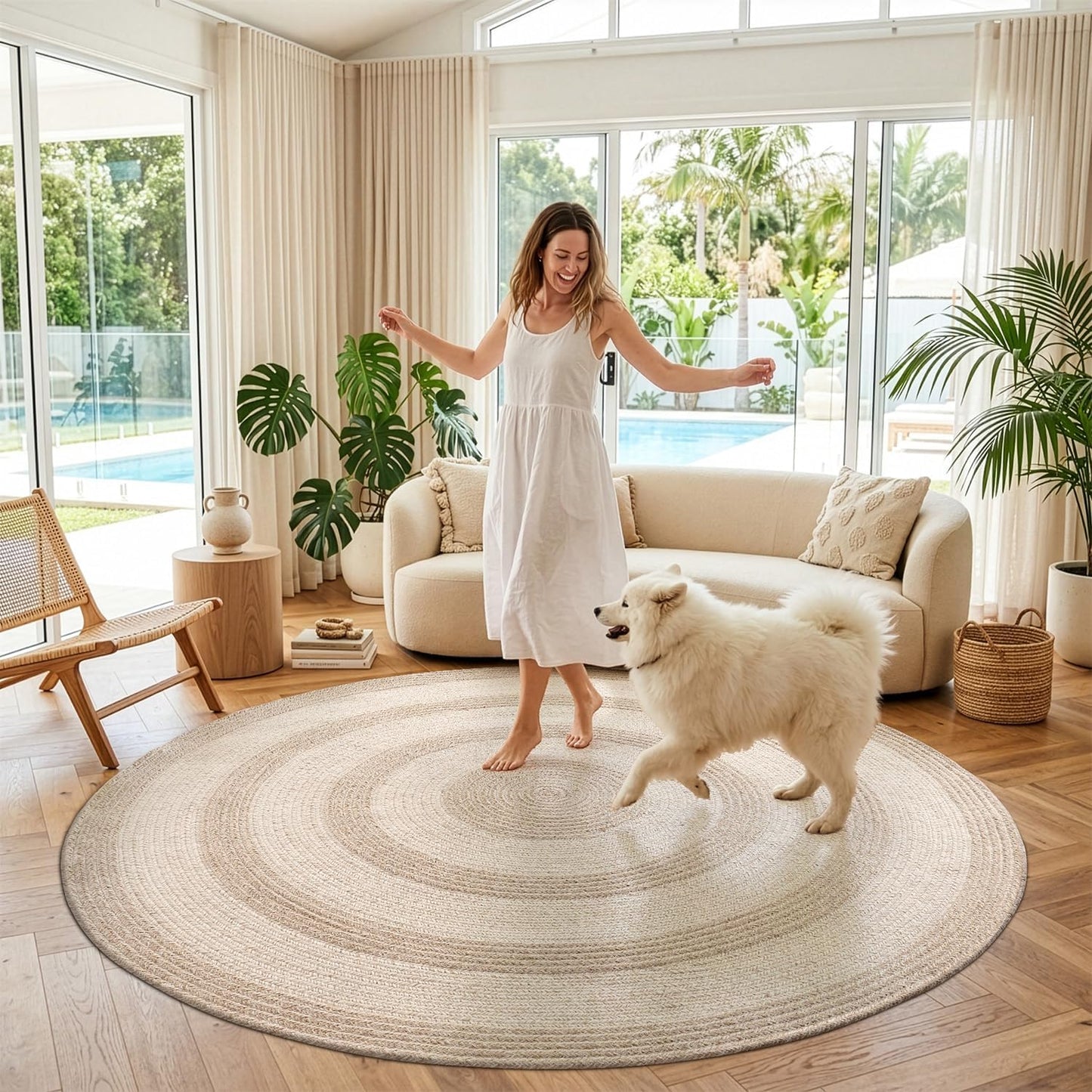 Alfombra redonda yute 6ft para sala antiderrap duradera