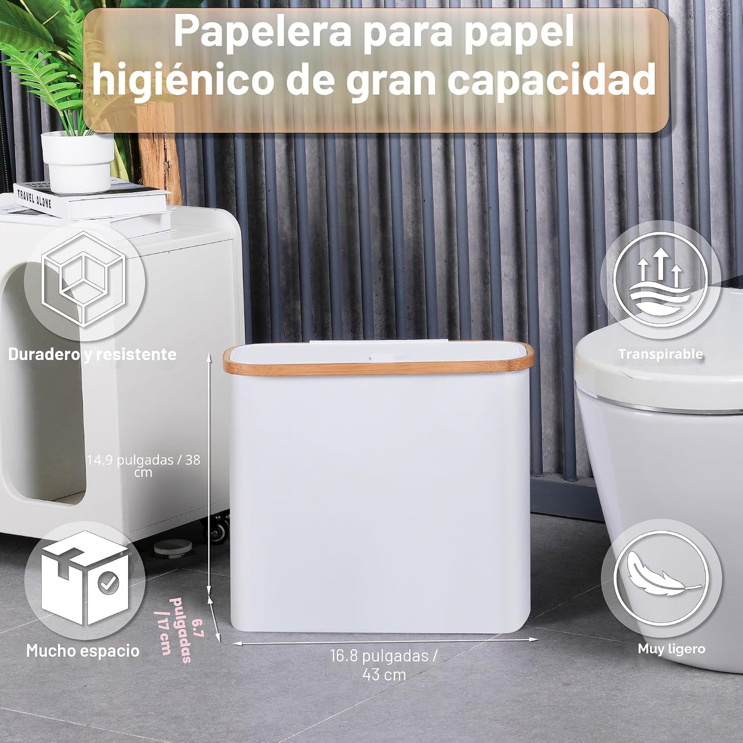 Cesta papel higiénico 28L con tapa baño 9-12 rollos blanco