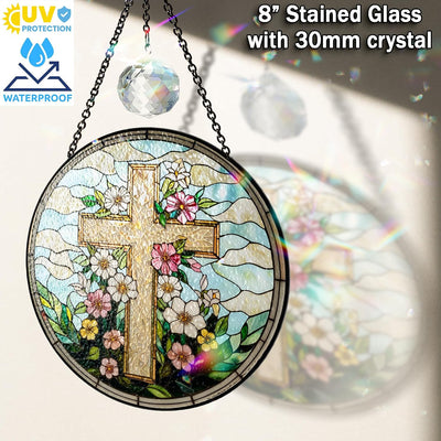 Atrapasoles vidrio emplomado cruz cristiana flores 7.8pulg