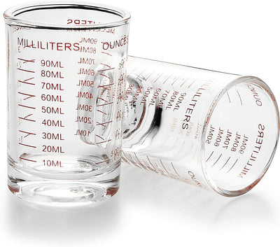 2 Pzas Vasos Medidor Vidrio Pesado 3oz Escala Roja