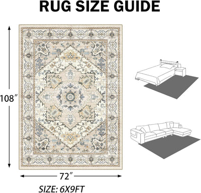 Alfombra lavable 6x9ft estilo bohemio antideslizante