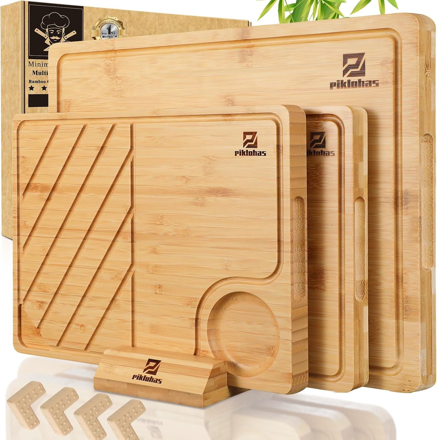 Set 4 Tablas Cortar Bambú Cocina con Soporte Antiderrap