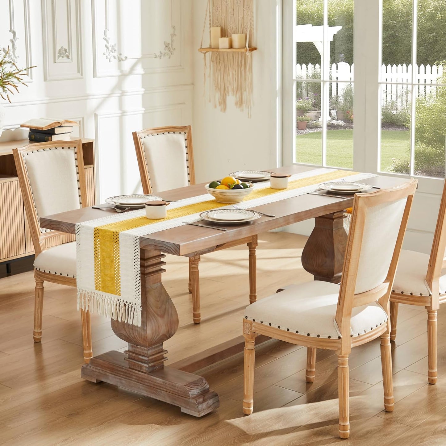 Mesa macramé bicolor 14x60pulg mostaza/marfil decoración