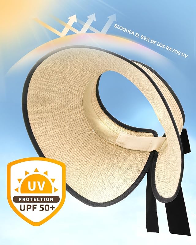 Visera solar para mujer sombrero playa paja UPF 50 plegable