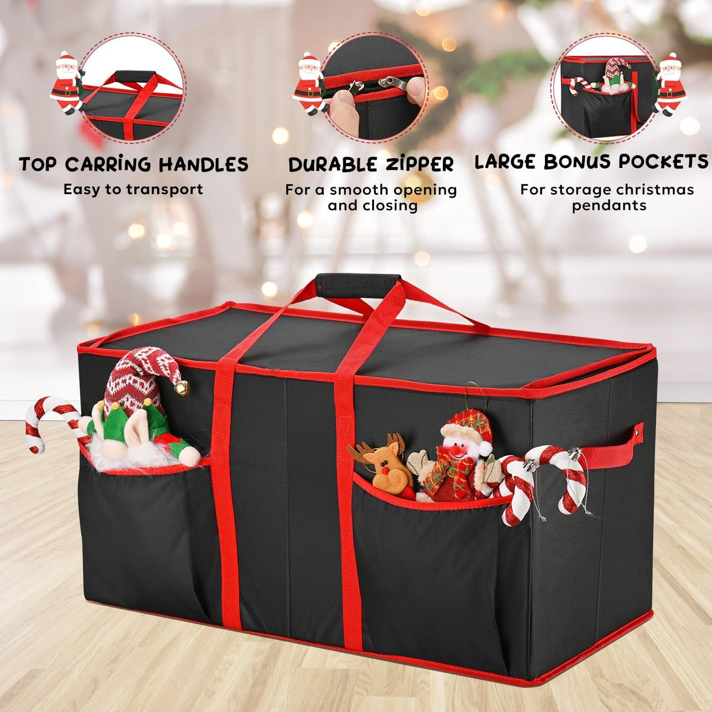 Caja almacenamiento adornos Navidad 8 bandejas 600D negro