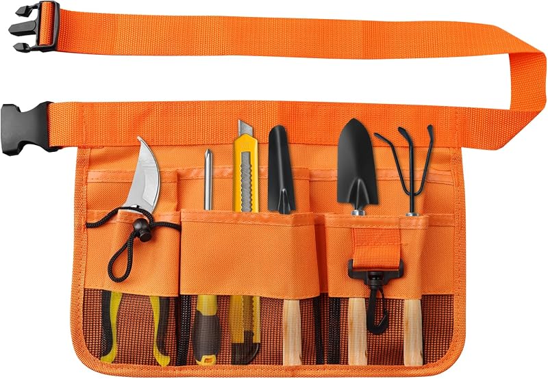 Cinturón herramientas jardinería lona 7 bolsillos naranja