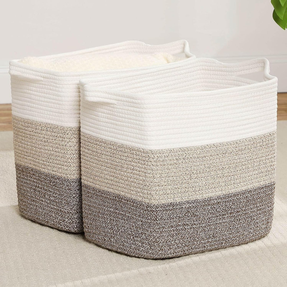 Cesta tejida algodón con asas para ropa y mantas sala