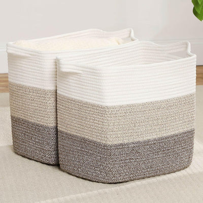 Cesta tejida algodón con asas para ropa y mantas sala