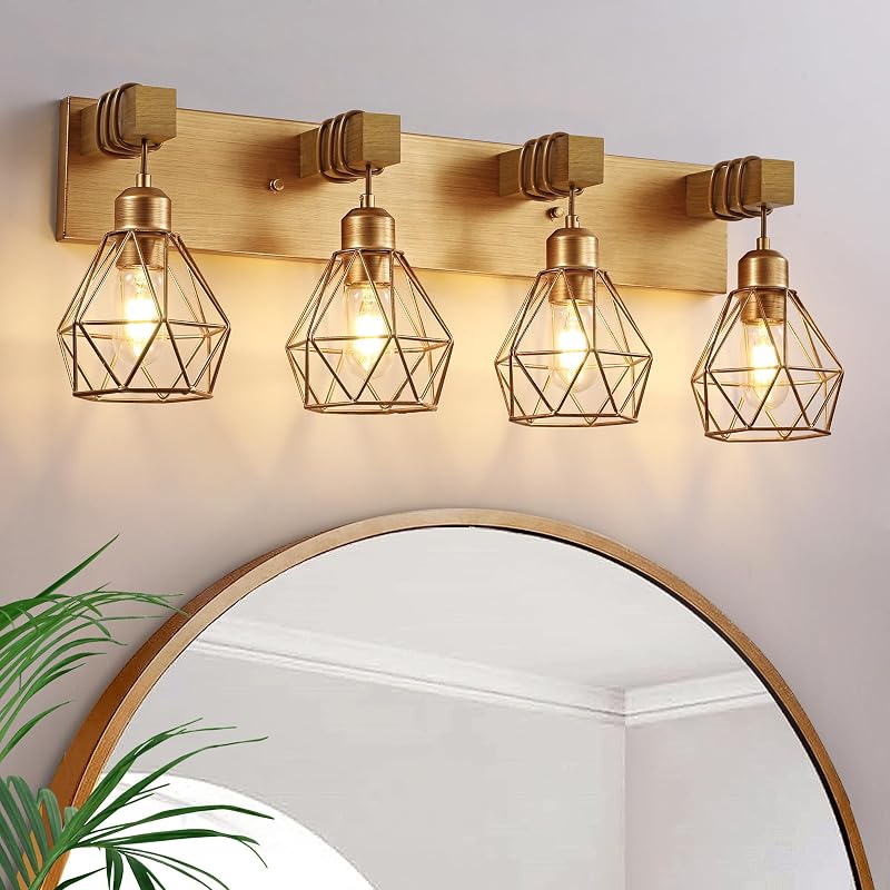 Lámpara baño 4 luces madera dorada cepillada sconce