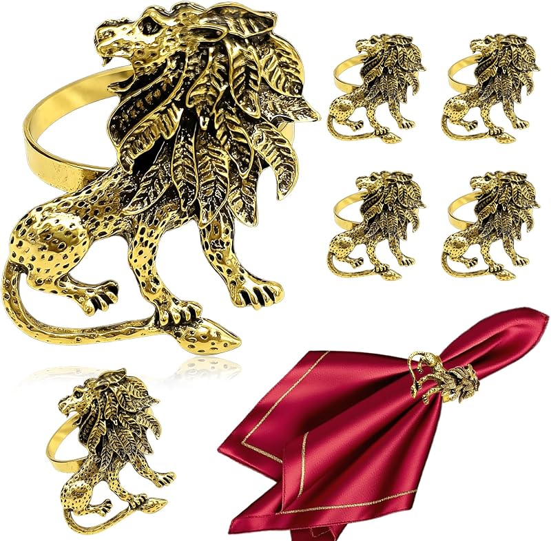 Set 6 servilletas animales león con hebillas doradas para fiestas