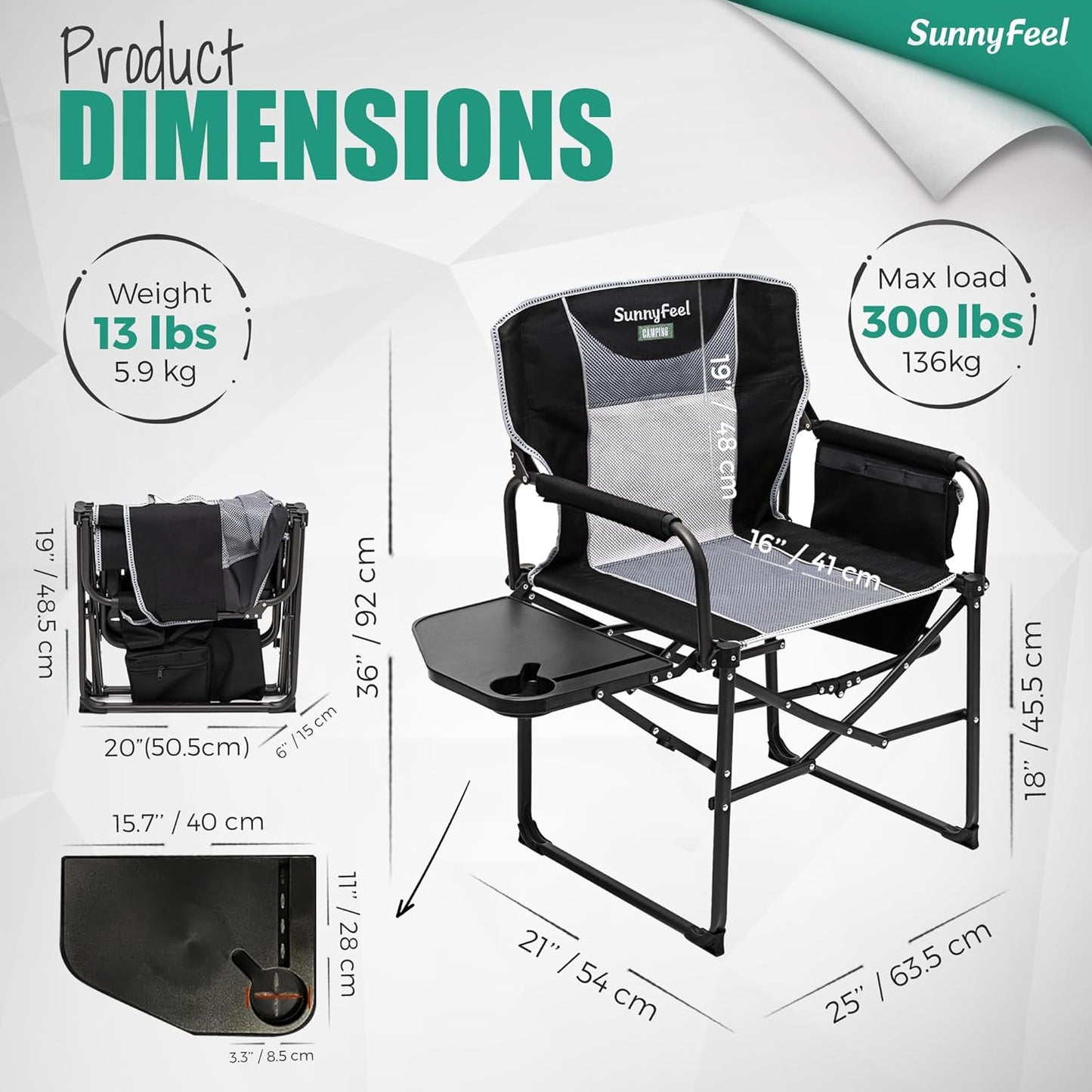 Silla director camping gran tamaño plegable con mesa lateral