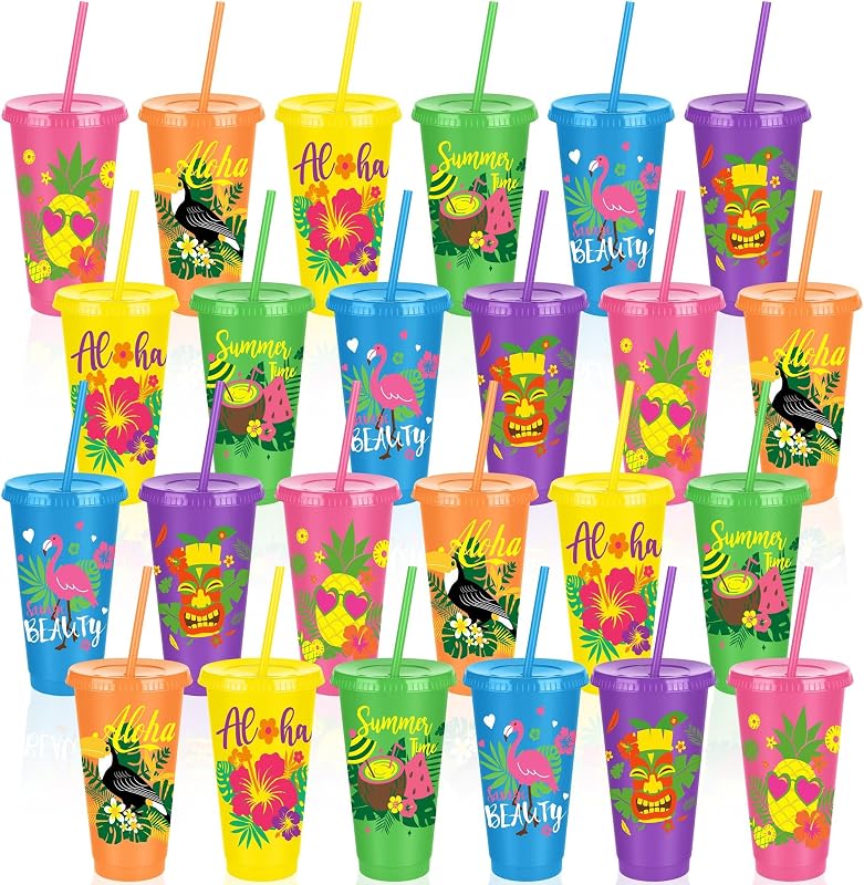 24 Vasos Plástico Hawaiano 24oz con Tapas y Pajitas