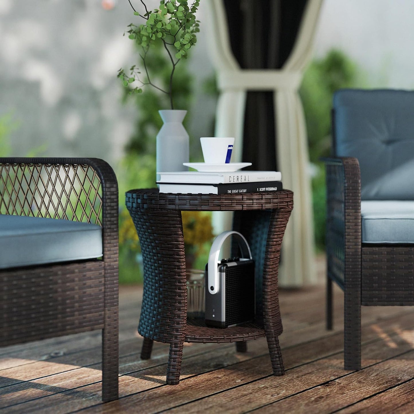 Mesa auxiliar ratán 18" 2 niveles jardín marrón