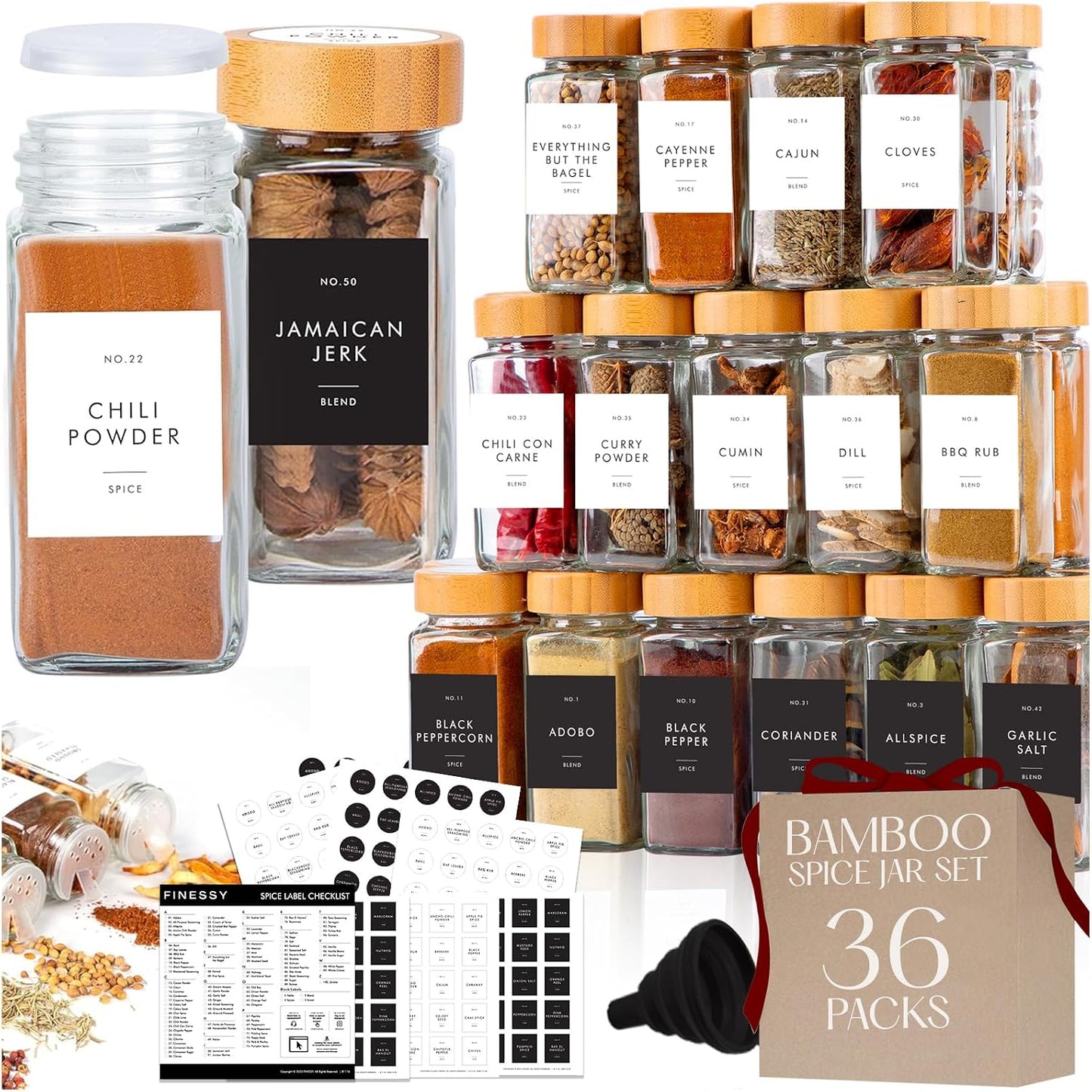 Tarros vidrio especias con tapas bambú set 36 botellas 4oz