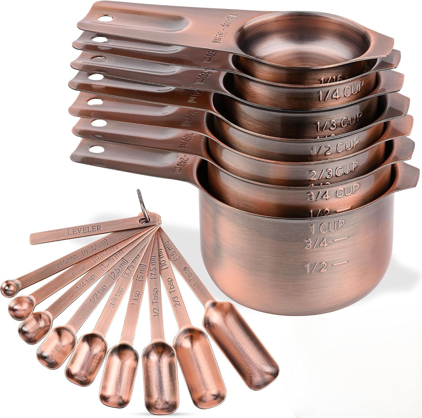 Set 17 tazas y cucharas medidoras de cobre y acero inox